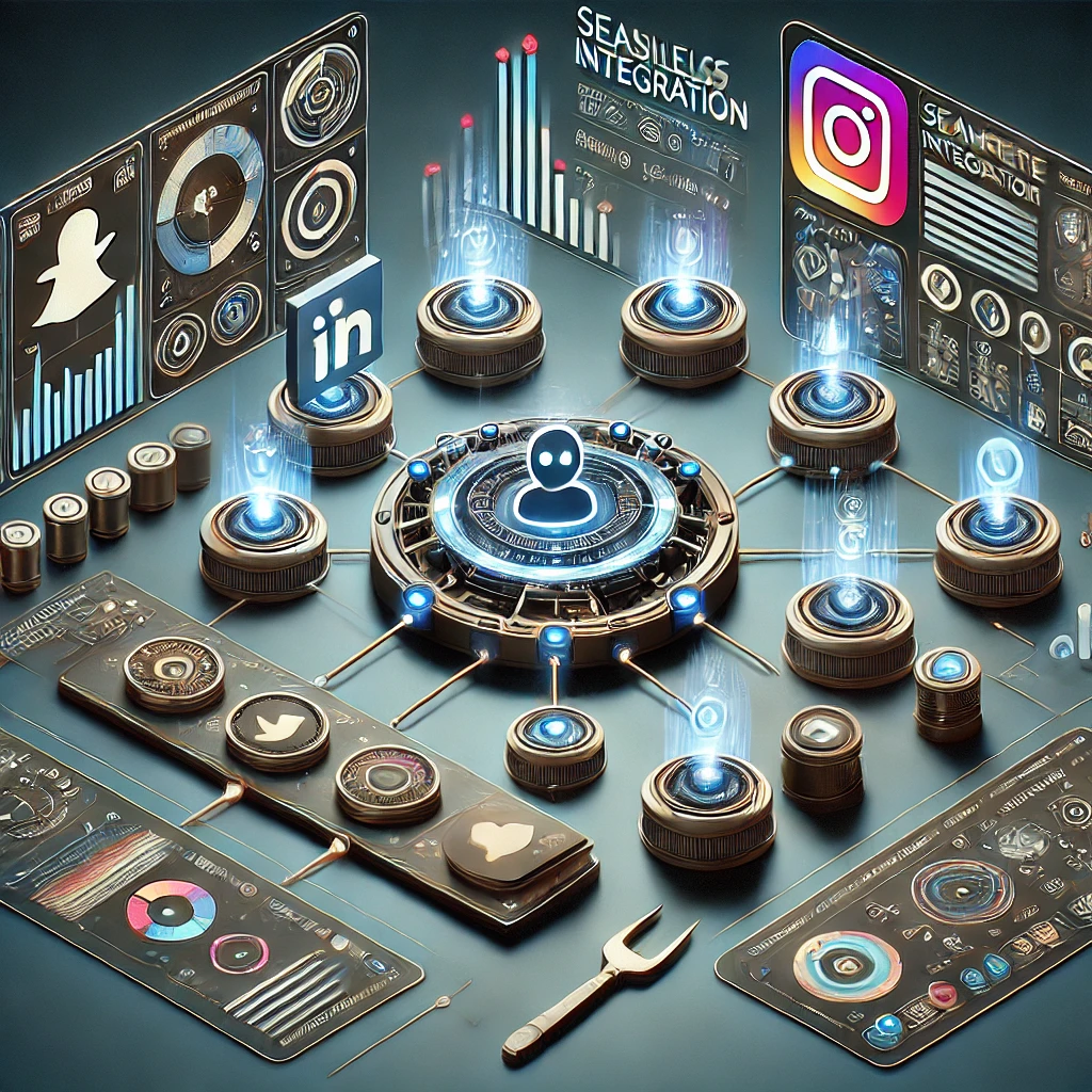 DALL·E 2025-02-06 17.23.21 - A high-quality, professional 2D flat illustration representing seamless integration with social media and marketing tools. The image features a sleek